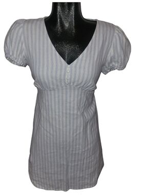 Blumind Striped V-Neck Short Puff Sleeve  Linen Blend Dress Size 5